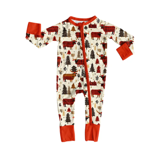 8.4 Preorder(moq 5)Baby Infant Boys Christmas Trees Cows Zipper Rompers