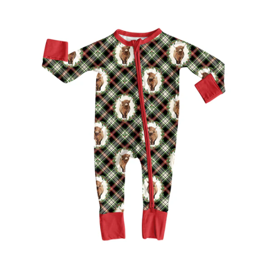8.4 Preorder(moq 5)Baby Infant Boys Highland Cows Holly Plaid Christmas Zipper Rompers