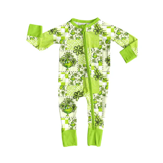 8.4 Preorder(moq 5)Baby Infant Boys Green Face Christmas Bus Zipper Rompers