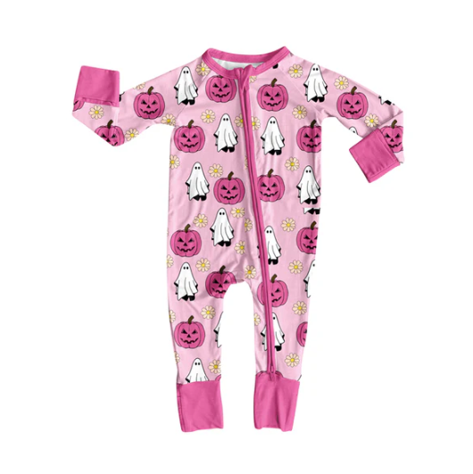 8.4 Preorder(moq 5)Baby Infant Girls Pink Ghost Pumpkins Halloween Zipper Rompers