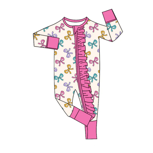 8.4 Preorder(moq 5)Baby Infant Girls Colorful Bows Plaid Ruffle Zipper Rompers
