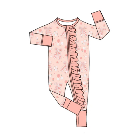 8.4 Preorder(moq 5)Baby Infant Girls Pink Bows Flowers Ruffle Zipper Rompers