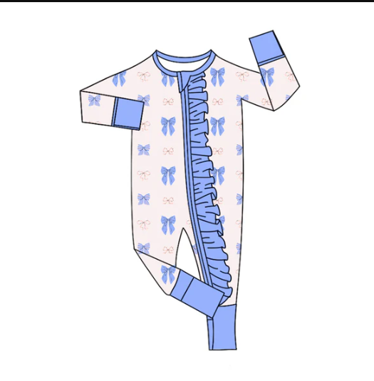 8.4 Preorder(moq 5)Baby Infant Girls Pink Blue Bows Plaid Ruffle Zipper Rompers