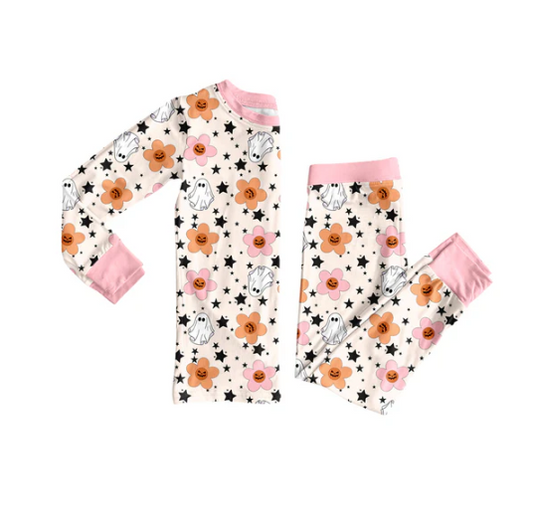 8.5 Preorder (moq 5)Baby Girls Ghost Flowers Top Pant Halloween Pajamas Set