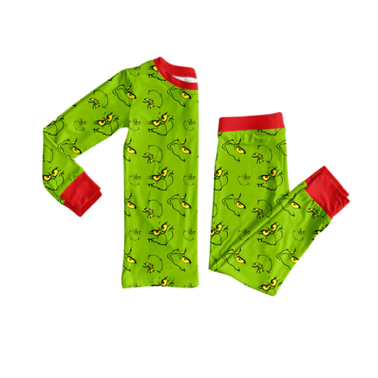 8.5 Preorder (moq 5)Baby Girls Green Face Plaid Top Pant Christmas Pajamas Set