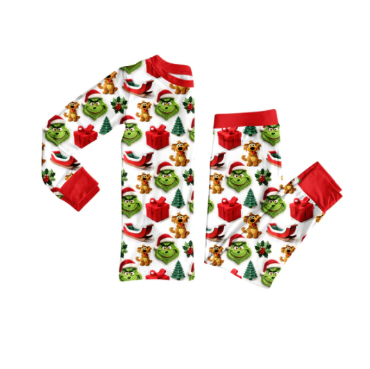 8.5 Preorder (moq 5)Baby Girls Green Face Gifts Top Pant Christmas Pajamas Set