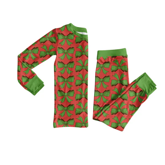 8.5 Preorder (moq 5)Baby Girls Green Bows Plaid Top Pant Christmas Pajamas Set