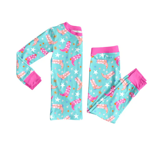 8.5 Preorder (moq 5)Baby Girls Flowers Boots Stars Top Pant Pajamas Set