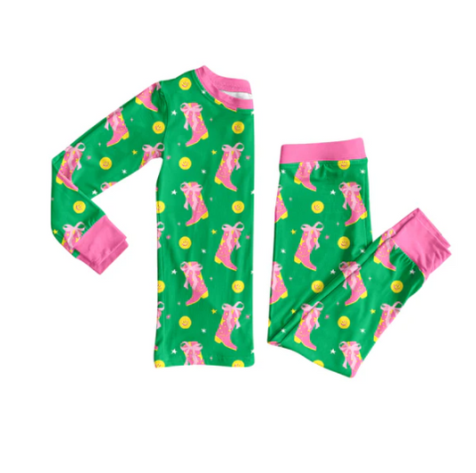 8.5 Preorder (moq 5)Baby Girls Bows Boots Smiles Plaid Top Pant Pajamas Set