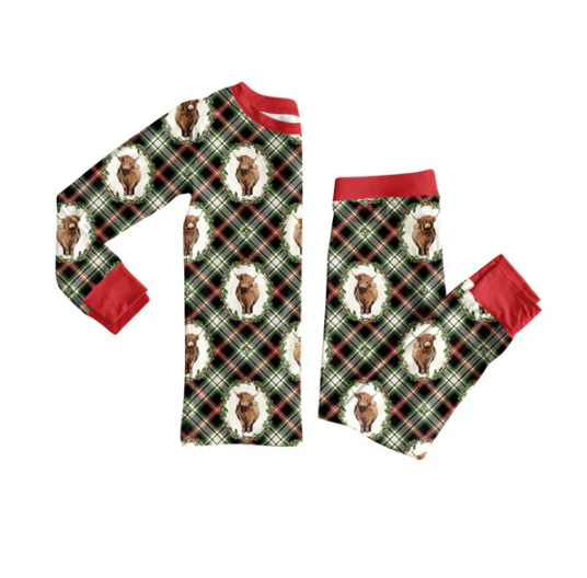 8.5 Preorder (moq 5)Baby Girls Highland Cows Holly Plaid Top Pant Christmas Pajamas Set