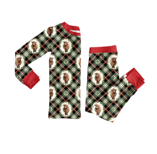 8.5 Preorder (moq 5)Baby Girls Highland Cows Holly Plaid Top Pant Christmas Pajamas Set