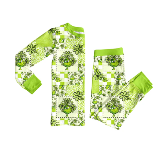 8.5 Preorder (moq 5)Baby Girls Green Face Flowers Plaid Top Pant Christmas Pajamas Set