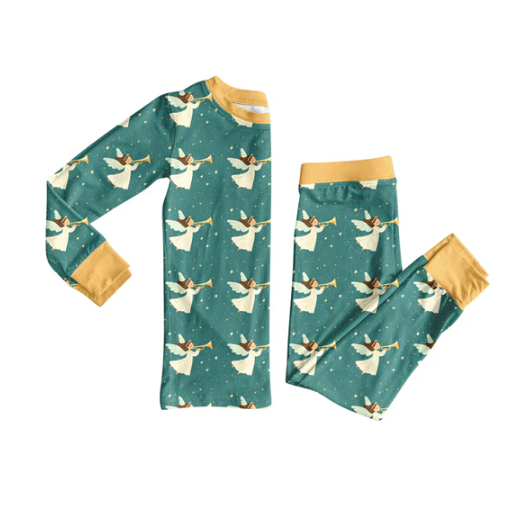 8.5 Preorder (moq 5)Baby Girls Green Angles Plaid Top Pant Christmas Pajamas Set