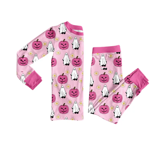 8.5 Preorder (moq 5)Baby Girls Pink Ghost Pumpkins Top Pant Halloween Pajamas Set