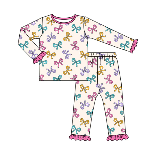 8.5 Preorder (moq 5)Baby Girls Colorful Bows Plaid Top Ruffle Pant Pajamas Set