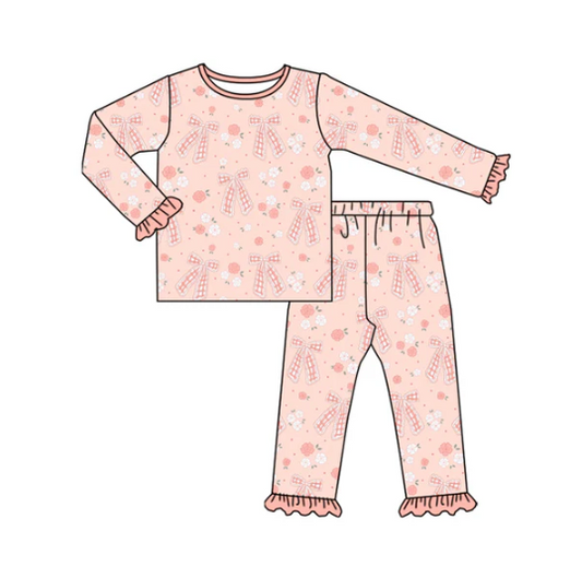 8.5 Preorder (moq 5)Baby Girls Pink Bows Flowers Top Ruffle Pant Pajamas Set