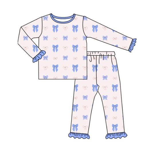 8.5 Preorder (moq 5)Baby Girls Blue Pink Bows Plaid Top Ruffle Pant Pajamas Set