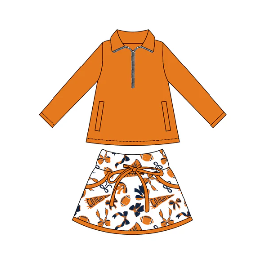 8.5 Preorder moq 5 Baby girls Orange Pullover team Tee Shirts Skorts Clothes Sets
