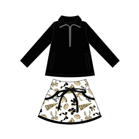 8.5 Preorder moq 5 Baby girls Black Pullover team Tee Shirts Golden Skorts Clothes Sets