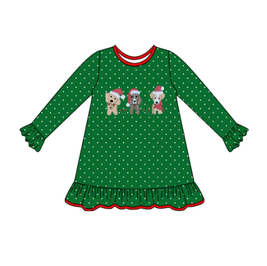 8.5 Preorder (moq 5)Baby Girls Light Dogs Polka Dots Ruffle Christmas Knee Length Dresses