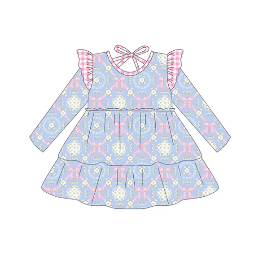 8.5 Preorder (moq 5)Baby Girls Light Blue Flowers Bows Plaid Knee Length Dresses