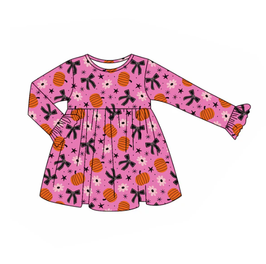 8.5 Preorder (moq 5)Baby Girls Bows Pumpkins Plaid Fall Knee Length Dresses