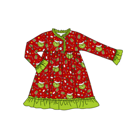 8.5 Preorder (moq 5)Baby Girls Green Face Candy Cane Ruffle Christmas Knee Length Dress