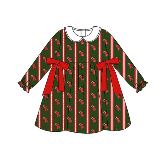 8.5 Preorder (moq 5)Baby Girls Bows Candy Cane Stripes Christmas Knee Length Dresses