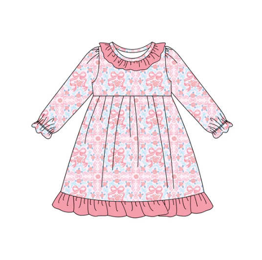 8.5 Preorder (moq 5)Baby Girls Pink Bows Floral Plaid Ruffle Knee Length Dresses