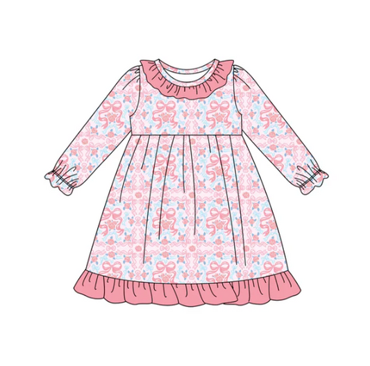 8.5 Preorder (moq 5)Baby Girls Pink Bows Floral Plaid Ruffle Knee Length Dresses