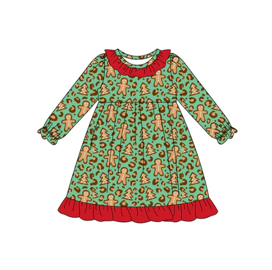 8.5 Preorder (moq 5)Baby Girls Green Leopard Gingerbread Christmas Ruffle Knee Length Dress