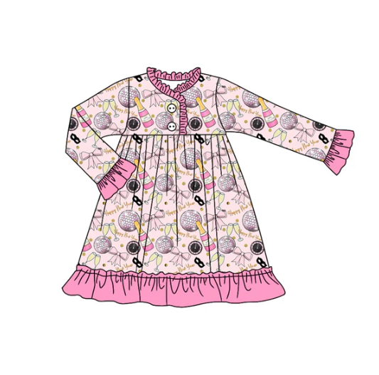 8.5 Preorder (moq 5)Baby Girls Happy New Year Button Ruffle Knee Length Dresses