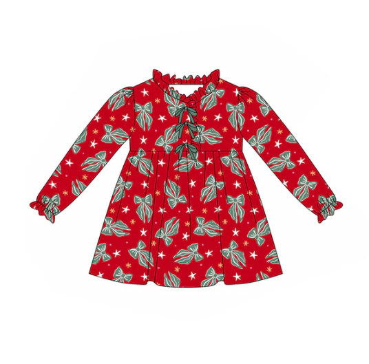8.5 Preorder (moq 5)Baby Girls Green Bows Plaid Christmas Knee Length Dresses