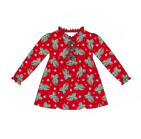 8.5 Preorder (moq 5)Baby Girls Green Bows Plaid Christmas Knee Length Dresses