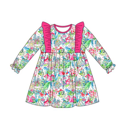 8.5 Preorder (moq 5)Baby Girls Green Face Floral Christmas Knee Length Dress