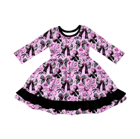 8.5 Preorder (moq 5)Baby Girls Skull Bows Plaid Ruffle Halloween Knee Length Dress