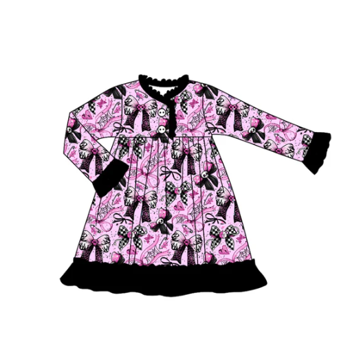 8.5 Preorder (moq 5)Baby Girls Skull Bows Plaid Button Halloween Knee Length Dress