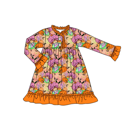 8.5 Preorder (moq 5)Baby Girls Strawberry Girl Pumpkins Orange Button Halloween Knee Length Dress