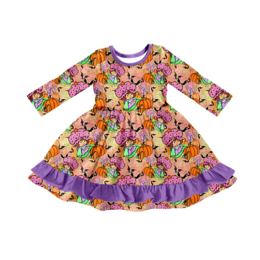 8.5 Preorder (moq 5)Baby Girls Strawberry Girl Pumpkins Purple Ruffle Halloween Knee Length Dress