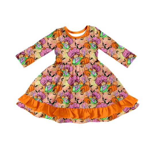 8.5 Preorder (moq 5)Baby Girls Strawberry Girl Pumpkins Orange Ruffle Halloween Knee Length Dress
