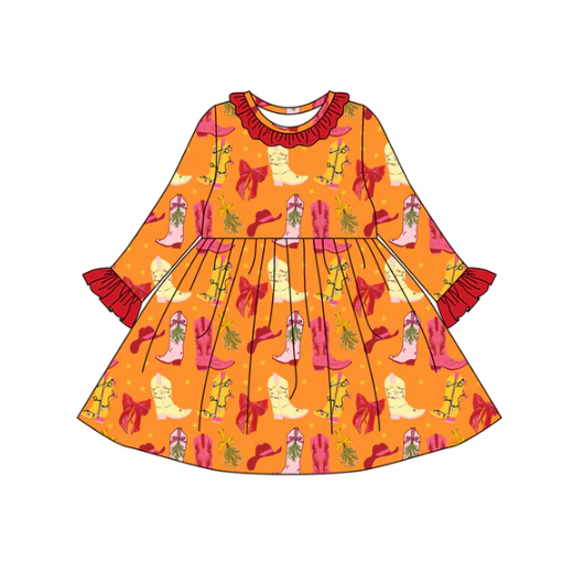 8.5 Preorder (moq 5)Baby Girls Bows Boots Plaid Knee Length Dresses