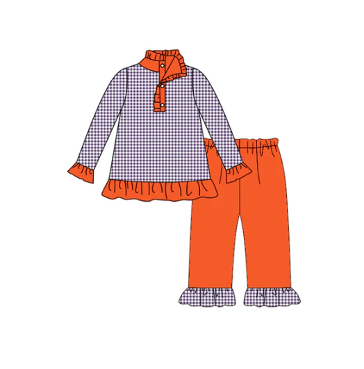 8.6 preorder(moq 5) Baby Girls Fall Football Team Purple Checkered Pullover Top Pants Clothing Sets