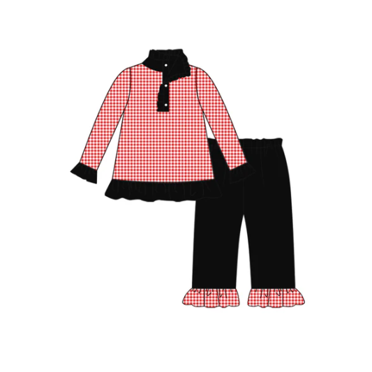 8.6 preorder(moq 5) Baby Girls Fall Football Team Red Checkered Pullover Top Black Pants Clothing Sets