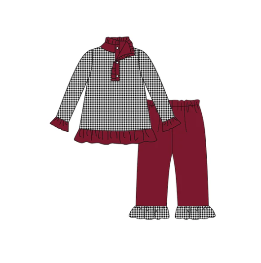 8.6 preorder(moq 5) Baby Girls Fall Football Team Black Checkered Pullover Top Wine Pants Clothing Sets