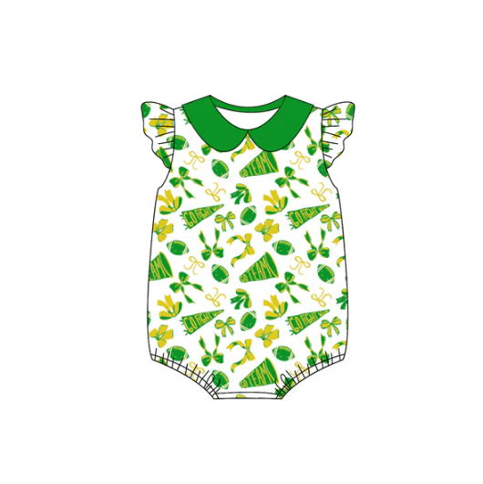 8.6 preorder(moq 5)Baby Infant Girls Light Green Team Bow Flutter Sleeve Rompers