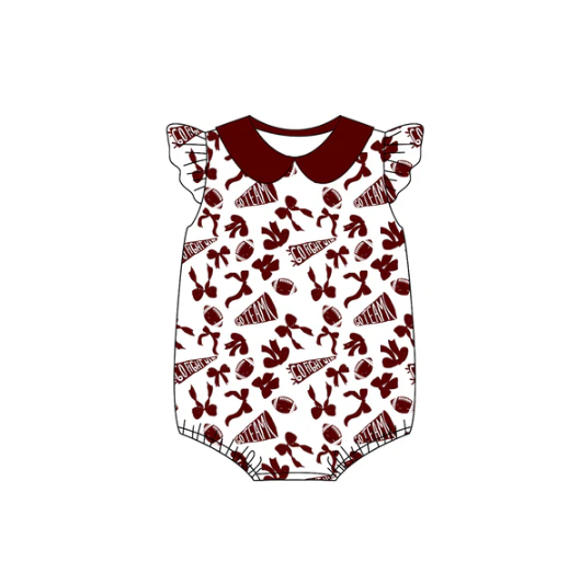 8.6 preorder(moq 5)Baby Infant Girls Wine Team Bow Flutter Sleeve Rompers