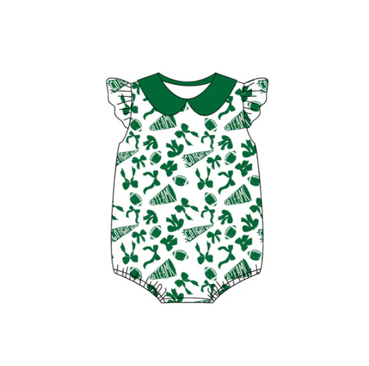 8.6 preorder(moq 5)Baby Infant Girls Green Team Bow Flutter Sleeve Rompers