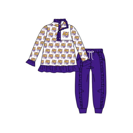 8.6 preorder(moq 5) Baby Girls White LSU Tigers Team Long Sleeve Top Ruffle Pants Clothes Sets
