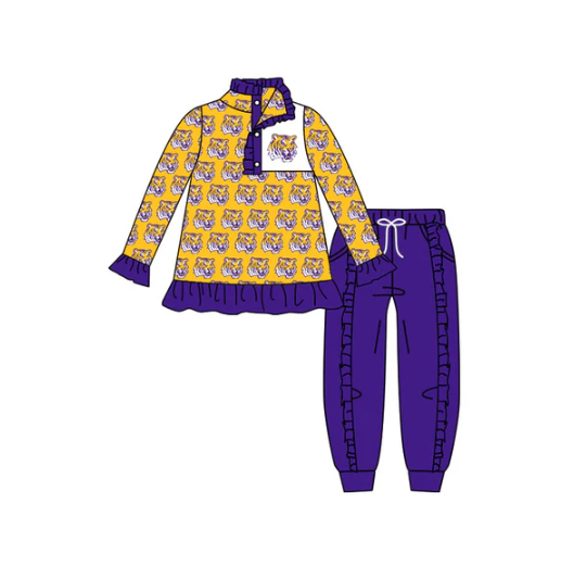 8.6 preorder(moq 5) Baby Girls Yellow LSU Tigers Team Long Sleeve Top Ruffle Pants Clothes Sets