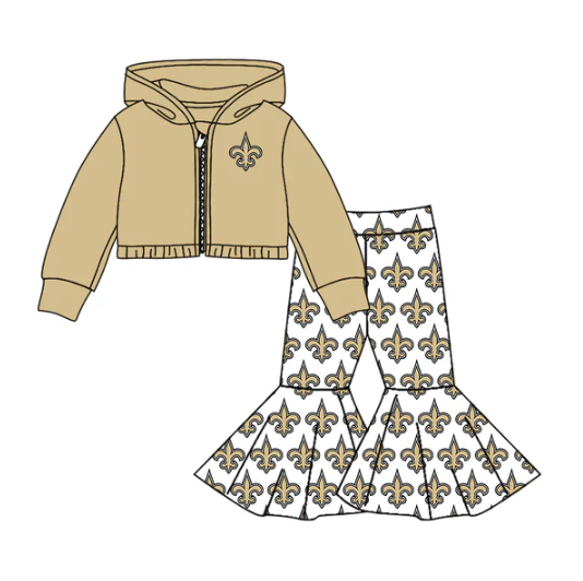 8.6 Preorder moq 5 Baby girls Khaki Saint team hooded shirt bell bottom pants sets